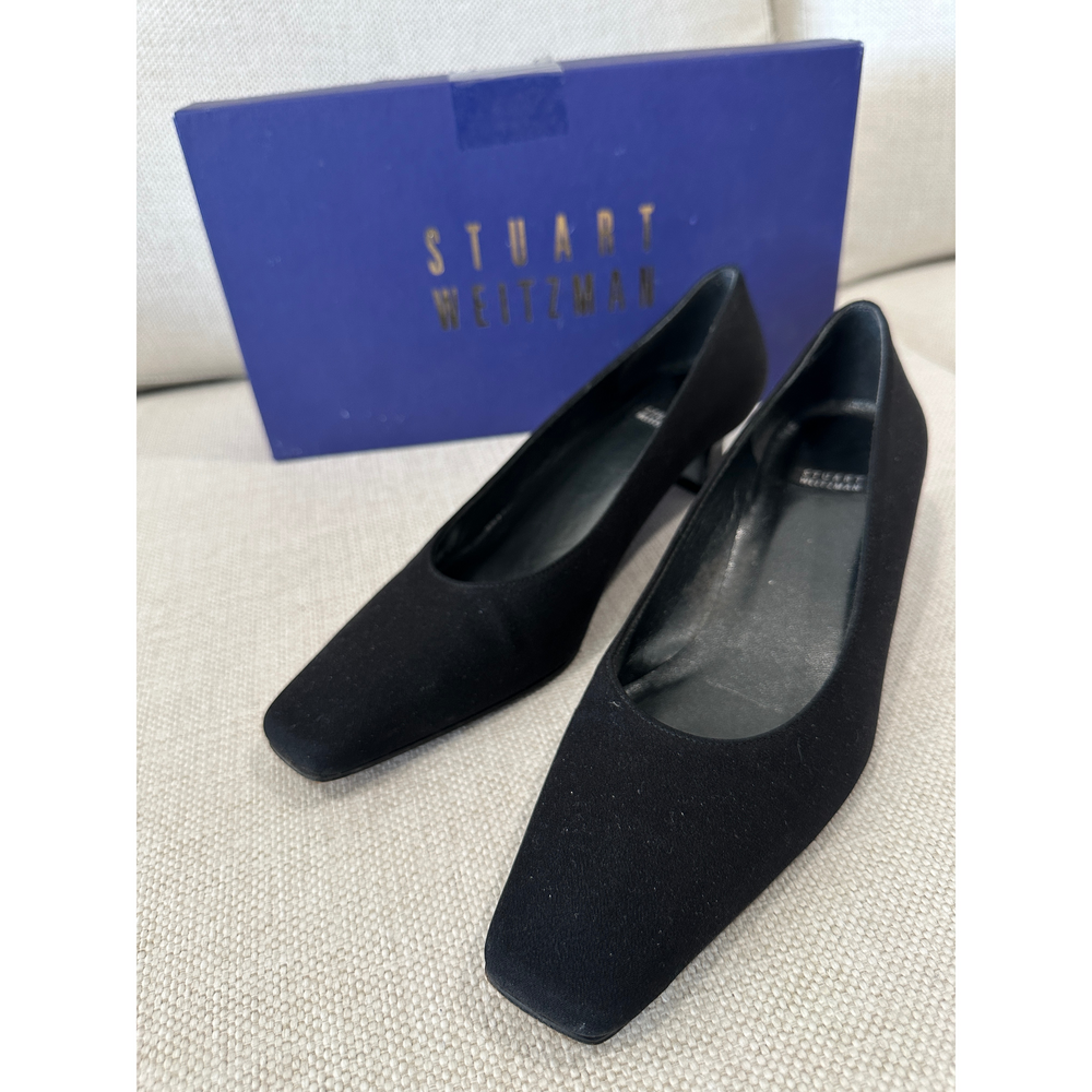 Stuart Weitzman River Heels – Naughty Viola Luau Linen – Size 6.5B in Black